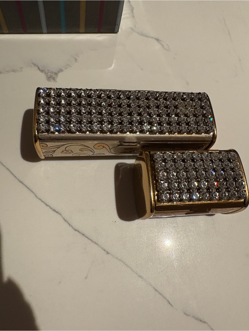 Crystal-Embellished Gold-Tone Lipstick Case/matching vintage loose powder case